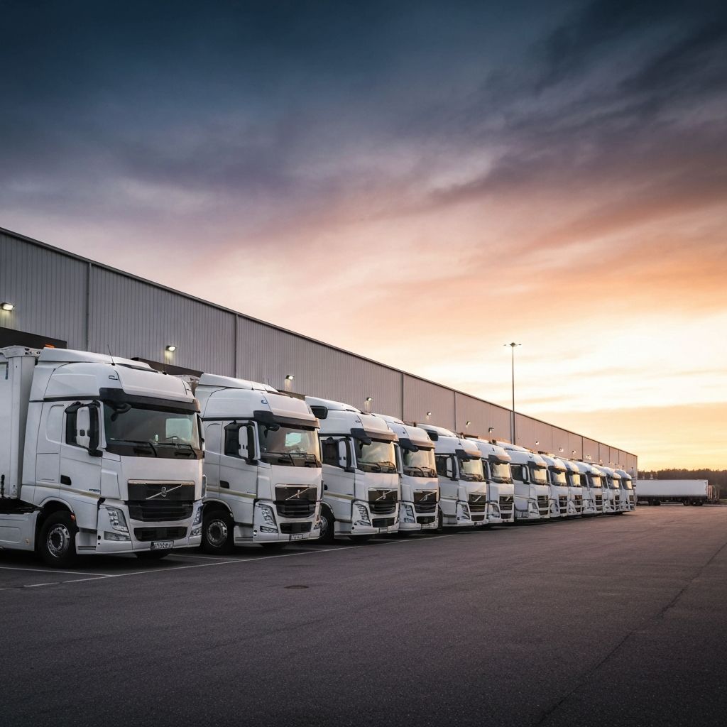 Fleet of trucks at a logistics distribution center